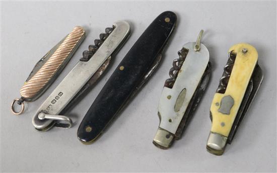 Five folding pocket knives -one silver, one gold faced, three with corkscrews